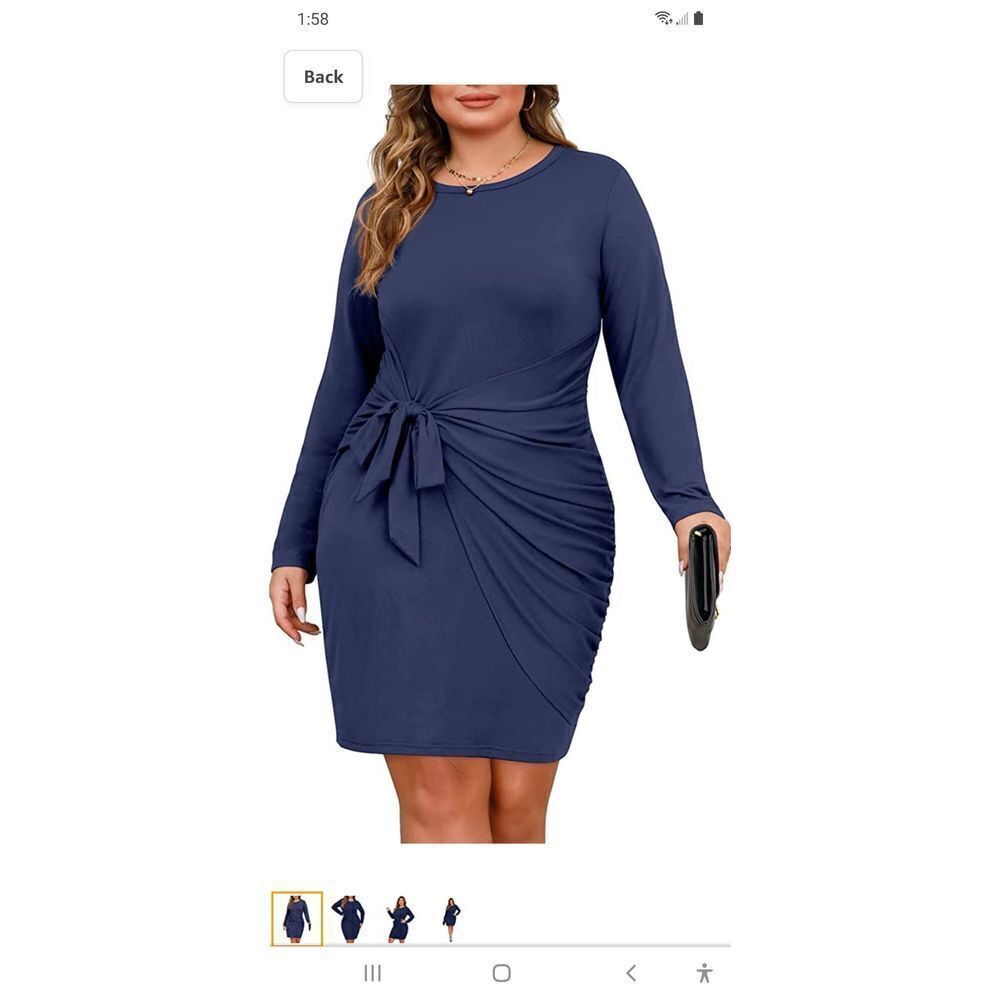 New 2X Olrik Blue Sexy Wrap Midi Dress Knot Front Ruched Long Sleeve Dre…